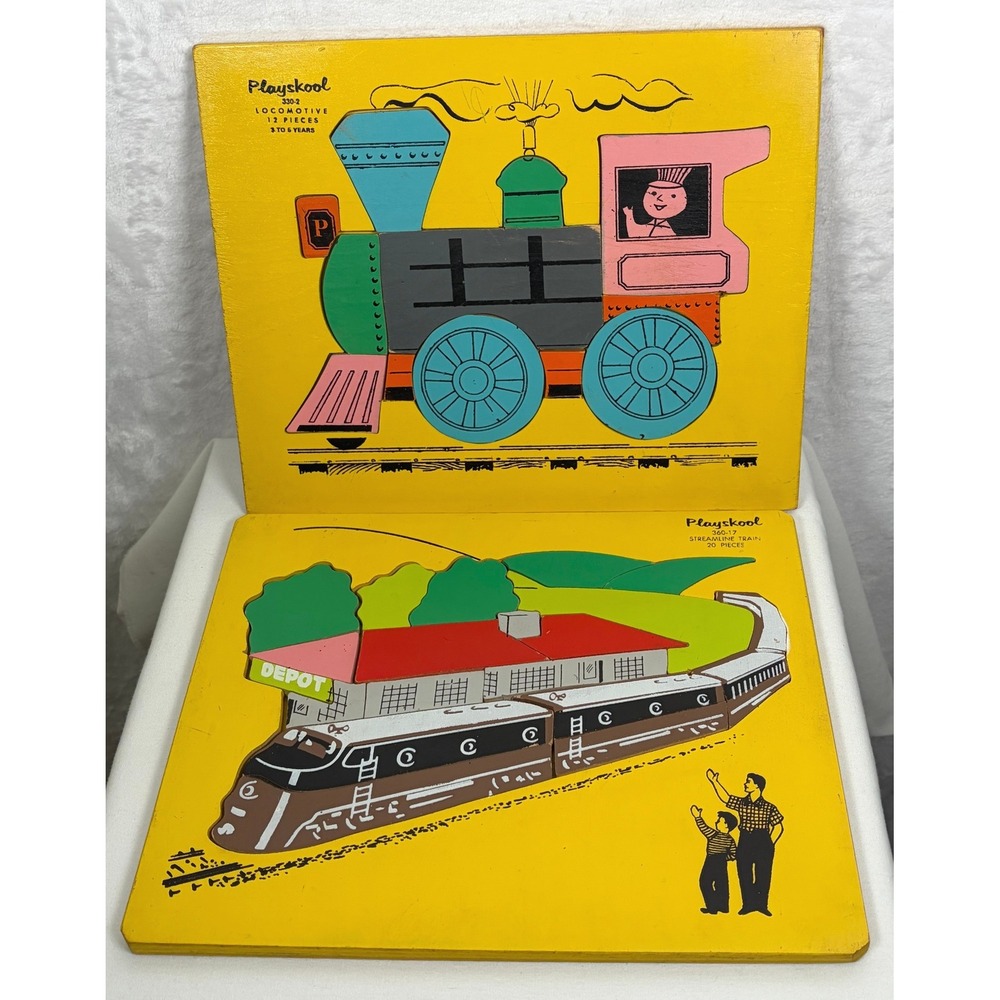 Vintage Playskool Wood Puzzles Lot Locomotive 330-2 & Streamline Train 360-17